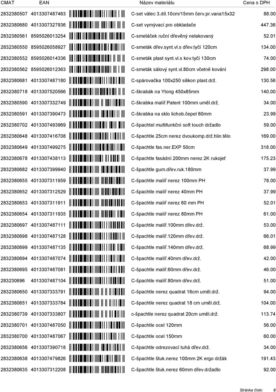 tyčí 130cm 74.00 2832380562 8595026012363 C-smeták sálový synt.vl.80cm včetně kování 298.00 2832380681 4013307487180 C-spárovačka 100x250 silikon plast.drž. 130.56 2832380718 4013307520566 C-škrabák na Ytong 450x85mm 140.