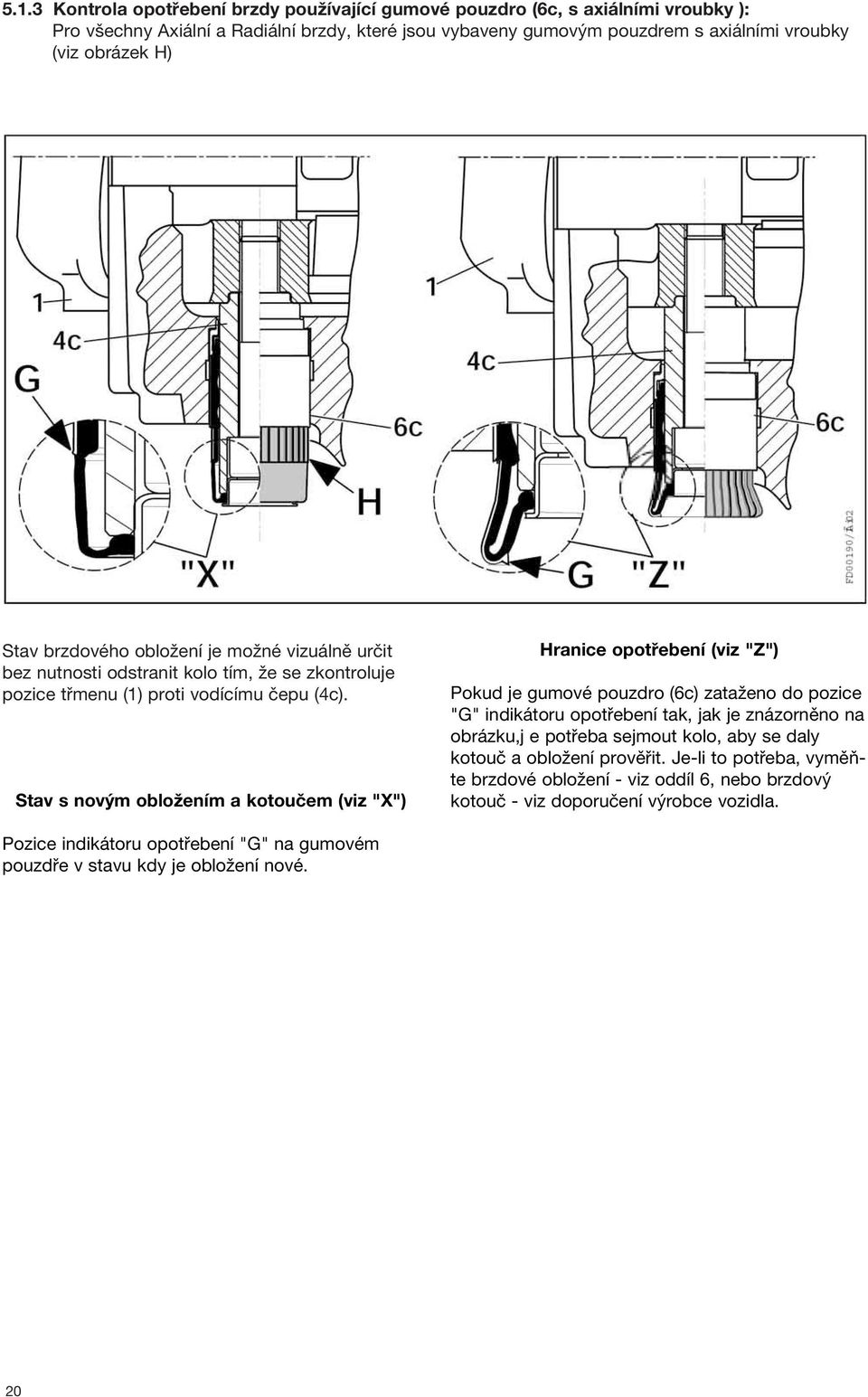 Stav s novým obložením a kotoučem (viz "X") Hranice opotřebení (viz "Z") Pokud je gumové pouzdro (6c) zataženo do pozice "G" indikátoru opotřebení tak, jak je znázorněno na obrázku,j e potřeba