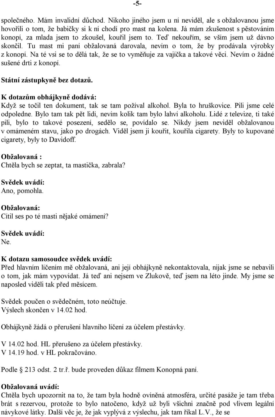 Tu mast mi paní obžalovaná darovala, nevím o tom, že by prodávala výrobky z konopí. Na té vsi se to dělá tak, že se to vyměňuje za vajíčka a takové věci. Nevím o žádné sušené drti z konopí.