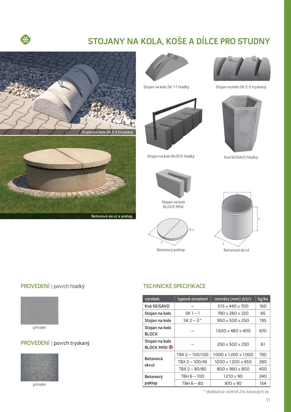 Stojan na kolo SK 1 1 790 260 220 65 Stojan na kolo SK 2 3 * 950 500 250 195 PROVEDENÍ povrch tryskaný Stojan na kolo BLOCK Stojan na kolo BLOCK MINI N Betonová skruž Betonový poklop 1 600 480 400