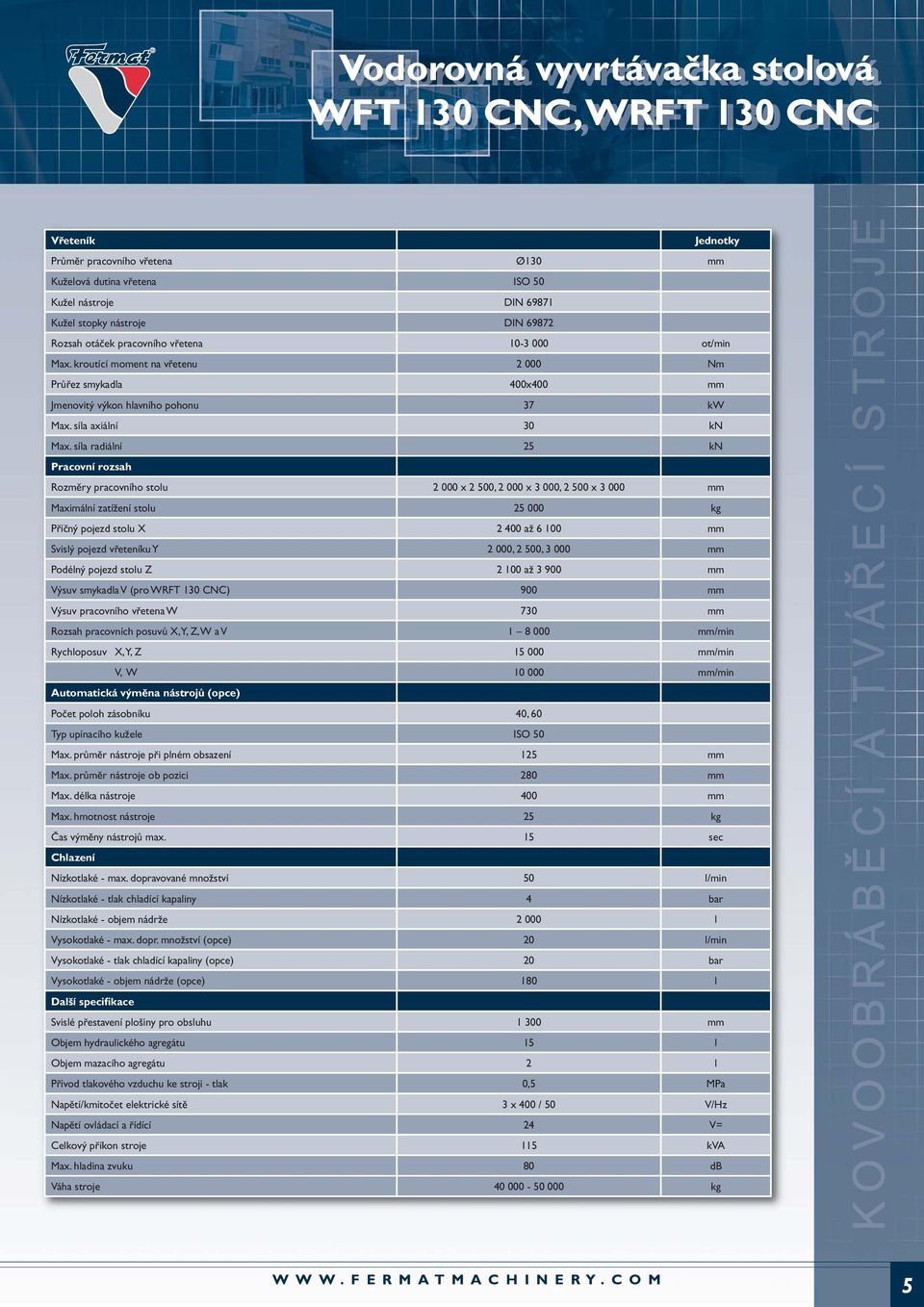 síla radiální 25 kn Pracovní rozsah Rozměry pracovního stolu 2 000 x 2 500, 2 000 x 3 000, 2 500 x 3 000 mm Maximální zatížení stolu 25 000 kg Příčný pojezd stolu X 2 400 až 6 100 mm Svislý pojezd