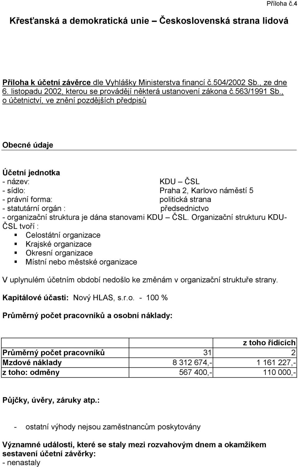 , o účetnictví, ve znění pozdějších předpisů Obecné údaje Účetní jednotka - název: KDU ČSL - sídlo: Praha 2, Karlovo náměstí 5 - právní forma: politická strana - statutární orgán : předsednictvo -