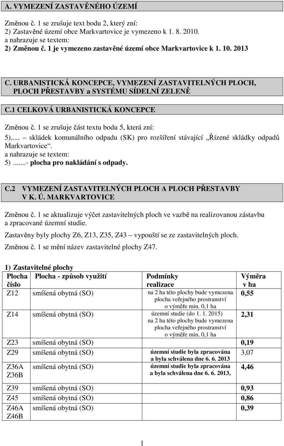 1 CELKOVÁ URBANISTICKÁ KONCEPCE Změnou č. 1 se zrušuje část textu bodu 5, která zní: 5)... skládek komunálního odpadu (SK) pro rozšíření stávající Řízené skládky odpadů Markvartovice.