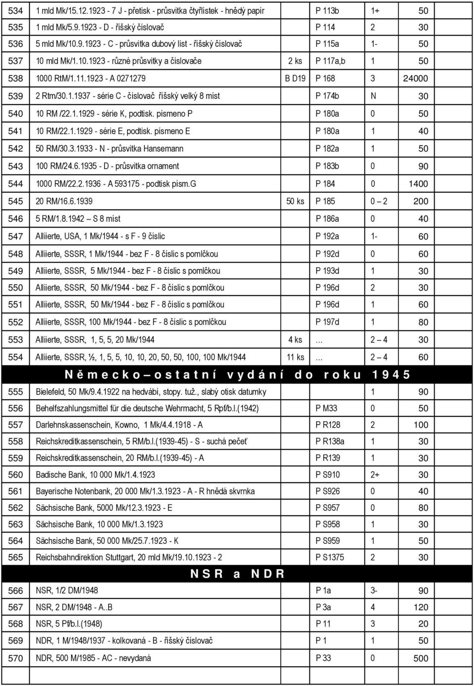 1.1929 - série K, podtisk. písmeno P P 180a 0 50 541 10 RM/22.1.1929 - série E, podtisk. písmeno E P 180a 1 40 542 50 RM/30.3.1933 - N - průsvitka Hansemann P 182a 1 50 543 100 RM/24.6.