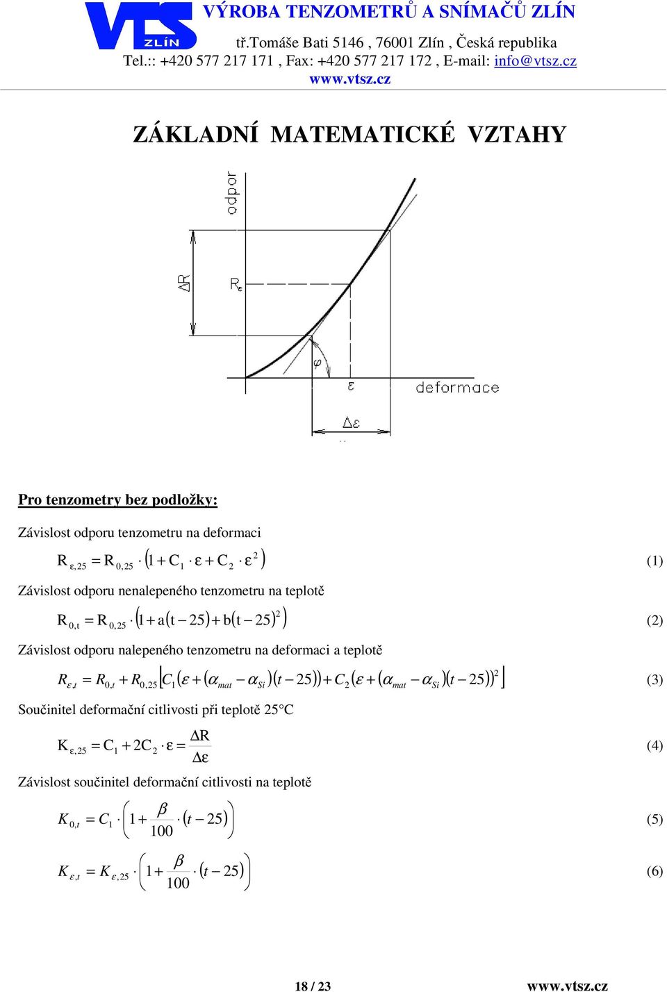 cz Základní matematické vztahy ZÁKLADNÍ MATEMATICKÉ VZTAHY Pro tenzometry bez podložky: Závislost odporu tenzometru na deformaci R 2 ( 1 + C ε + ε ) ε, 25 = R 0,25 1 C 2 Závislost odporu nenalepeného