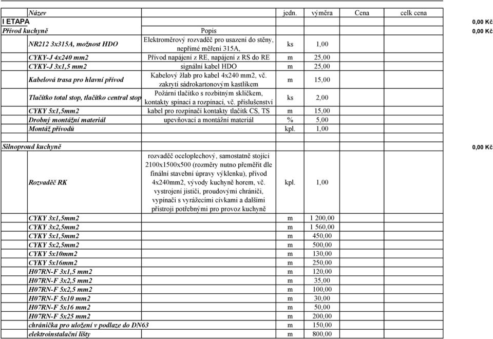 z RS do RE m 25,00 CYKY-J 3x1,5 mm2 signální kabel HDO m 25,00 Kabelová trasa pro hlavní přívod Kabelový žlab pro kabel 4x240 mm2, vč.