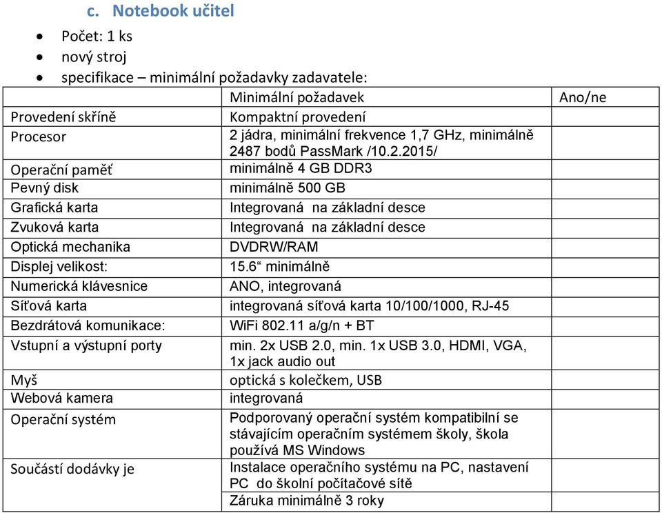 6 minimálně Numerická klávesnice ANO, integrovaná integrovaná síťová karta 10/100/1000, RJ-45 Bezdrátová komunikace: WiFi 802.11 a/g/n + BT Vstupní a výstupní porty min. 2x USB 2.