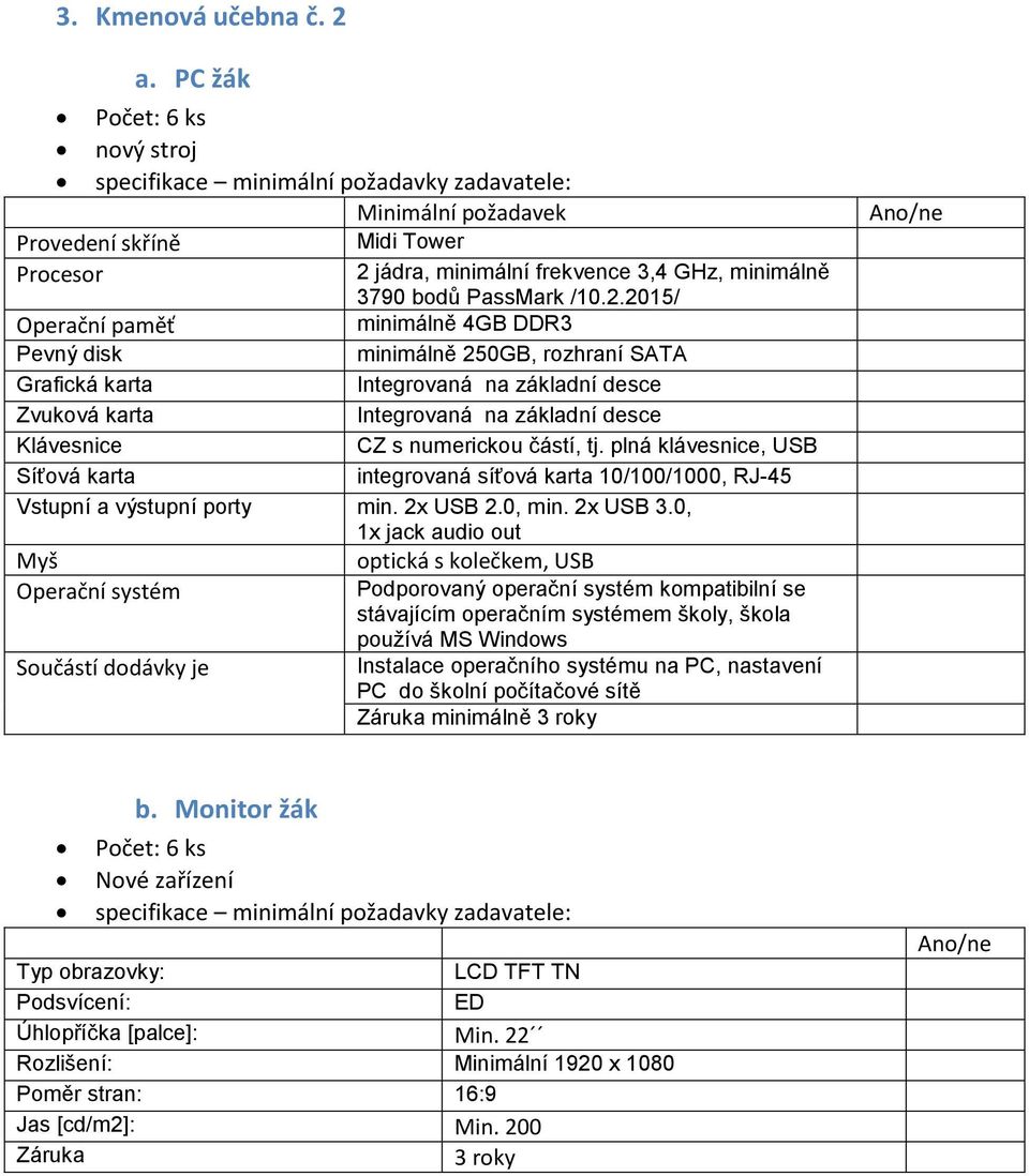 0, 1x jack audio out stávajícím operačním systémem školy, škola používá MS Windows Instalace operačního systému na PC, nastavení PC do školní počítačové sítě Záruka minimálně 3 roky b.