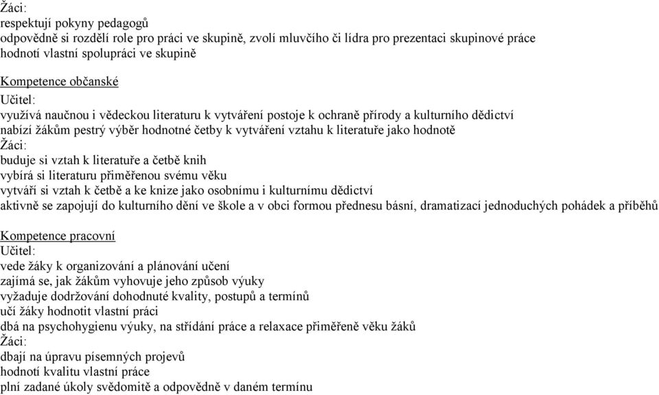 buduje si vztah k literatuře a četbě knih vybírá si literaturu přiměřenou svému věku vytváří si vztah k četbě a ke knize jako osobnímu i kulturnímu dědictví aktivně se zapojují do kulturního dění ve