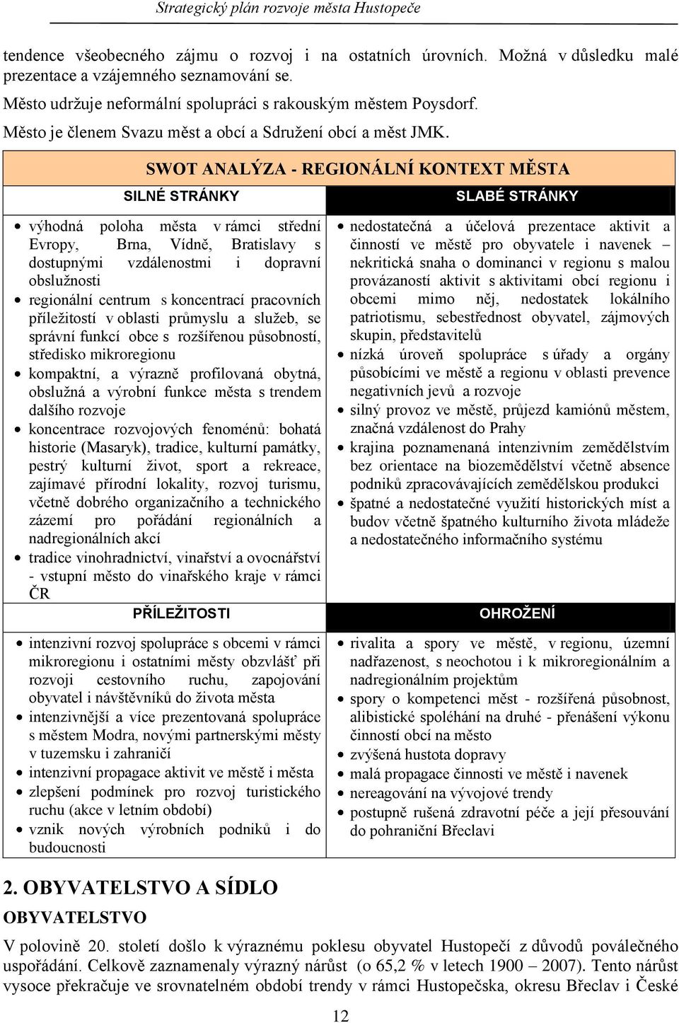 SWOT ANALÝZA - REGIONÁLNÍ KONTEXT MĚSTA SILNÉ STRÁNKY SLABÉ STRÁNKY výhodná poloha města v rámci střední Evropy, Brna, Vídně, Bratislavy s dostupnými vzdálenostmi i dopravní obsluţnosti regionální