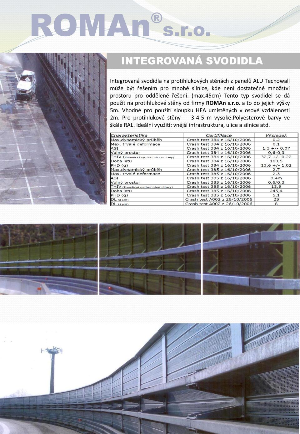 45cm) Tento typ svodidel se dá použít na protihlukové stěny od firmy ROMAn s.r.o. a to do jejich výšky 5m.