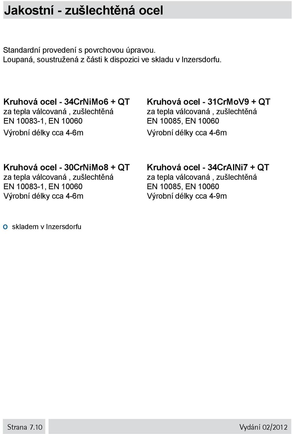 válcovaná, zušlechtěná EN 10085, EN 10060 Výrobní délky cca 4-6m Kruhová ocel - 30CrNiMo8 + QT za tepla válcovaná, zušlechtěná EN 10083-1, EN 10060