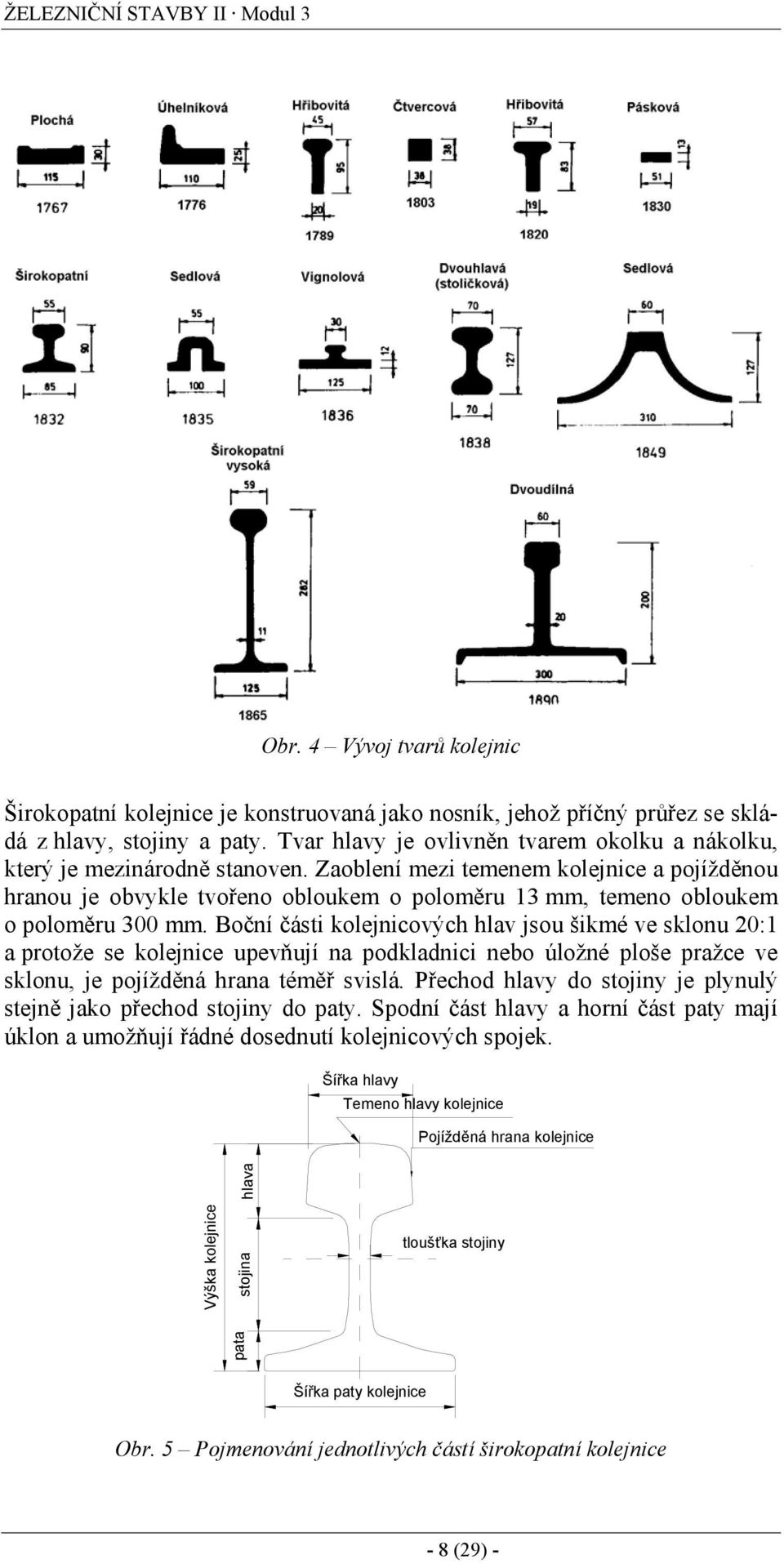 Zaoblení mezi temenem kolejnice a pojížděnou hranou je obvykle tvořeno obloukem o poloměru 13 mm, temeno obloukem o poloměru 300 mm.