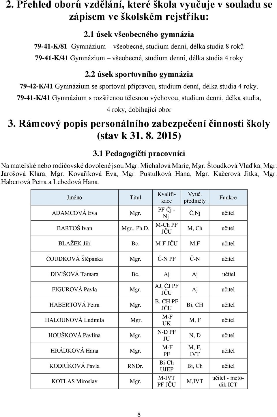 2 úsek sportovního gymnázia 79-42-K/41 Gymnázium se sportovní přípravou, studium denní, délka studia 4 roky.