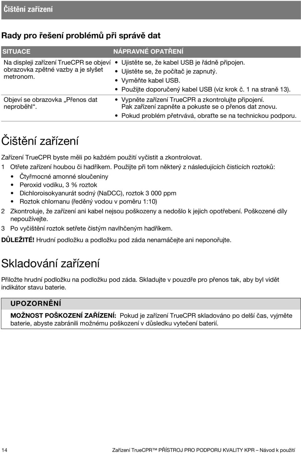 Vypněte zařízení TrueCPR a zkontrolujte připojení. Pak zařízení zapněte a pokuste se o přenos dat znovu. Pokud problém přetrvává, obraťte se na technickou podporu.