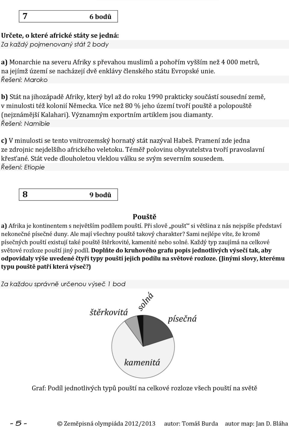 Více než 80 % jeho území tvoří pouště a polopouště (nejznámější Kalahari). Významným exportním artiklem jsou diamanty. Řešení: Namibie c) V minulosti se tento vnitrozemský hornatý stát nazýval Habeš.