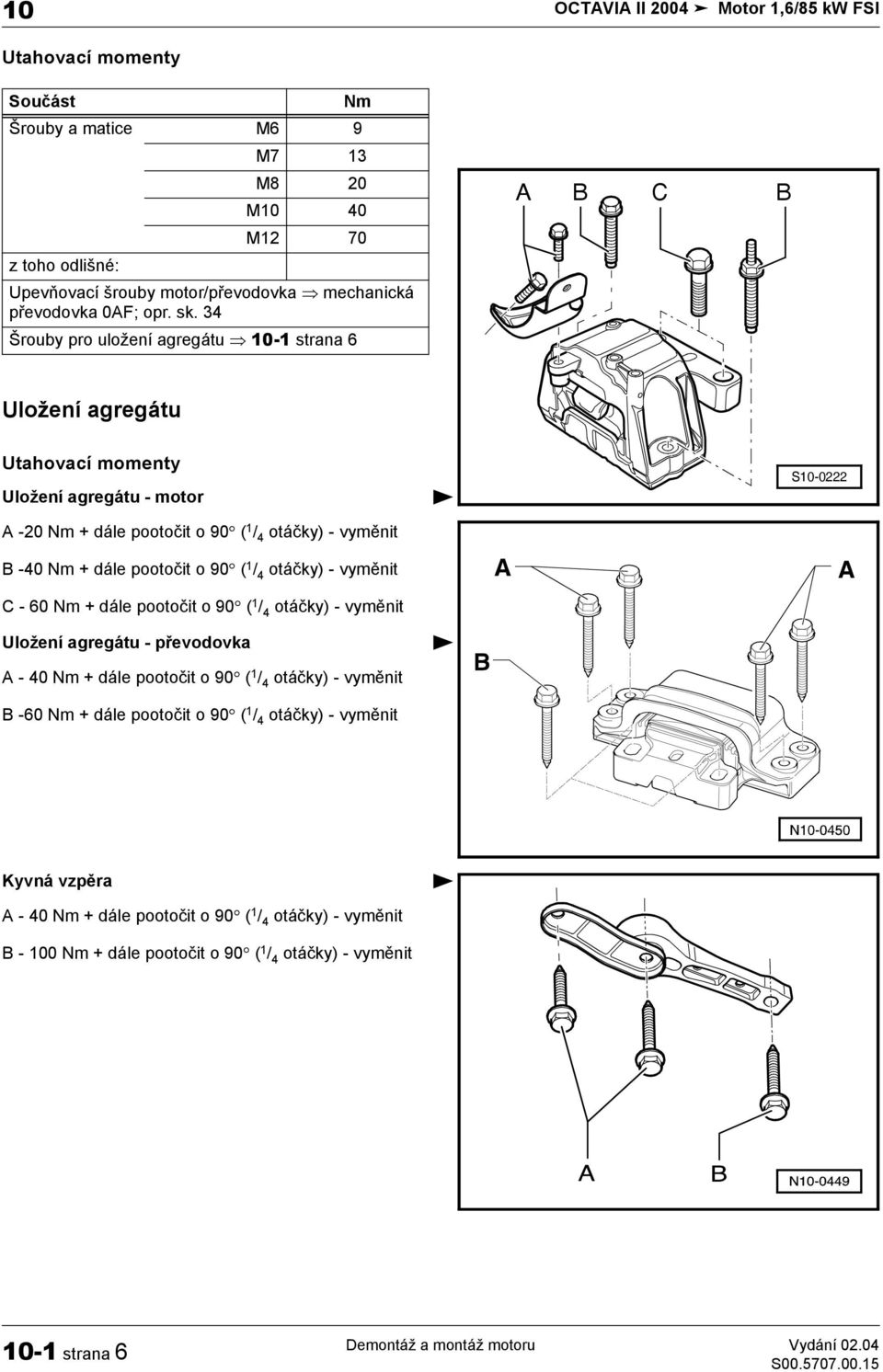 90 ( / 4 otáčky) - vyměnit C - 60 Nm + dále pootočit o 90 ( / 4 otáčky) - vyměnit Uložení agregátu - převodovka A - 40 Nm + dále pootočit o 90 ( / 4 otáčky) - vyměnit B -60 Nm + dále pootočit