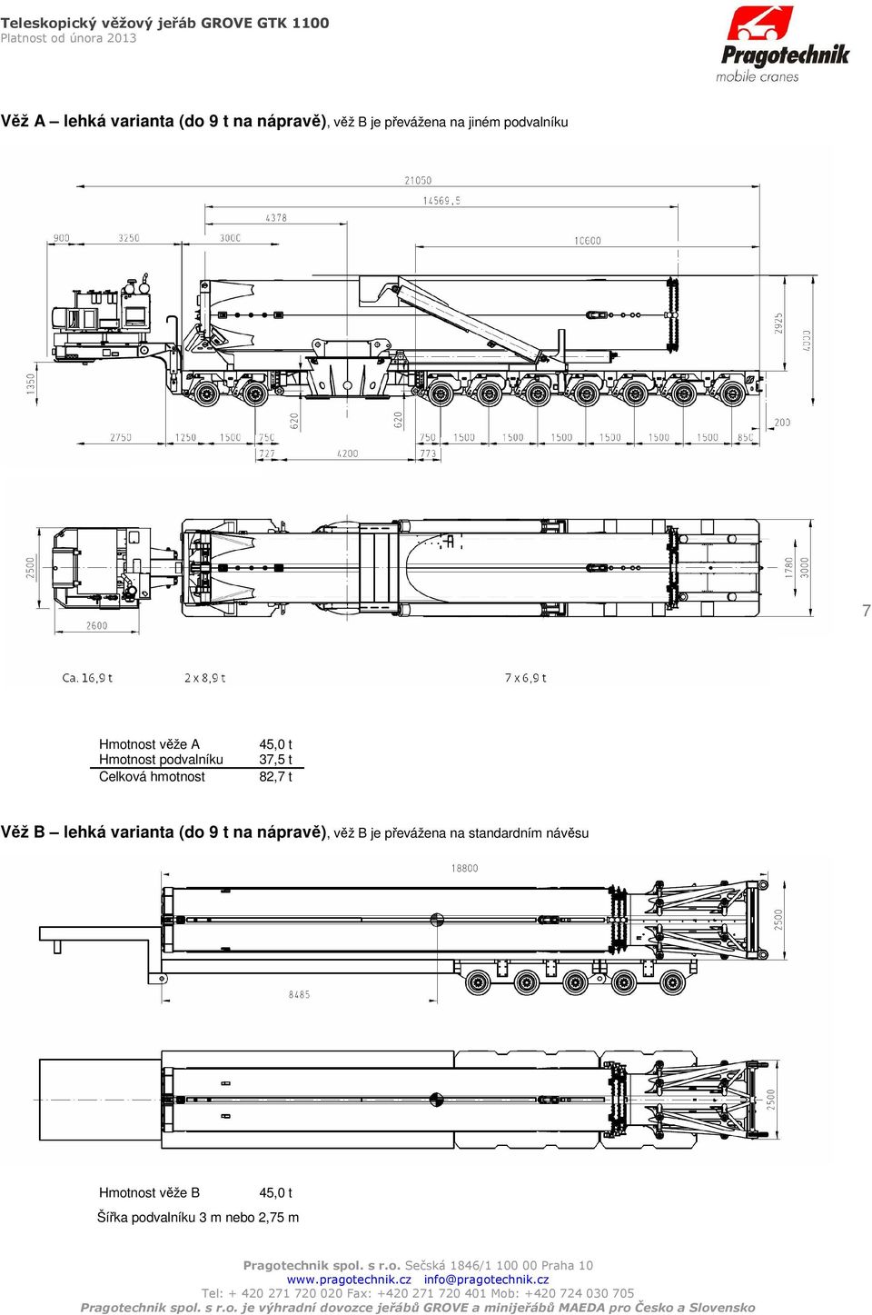 37,5 t 82,7 t Věž B lehká varianta (do 9 t na nápravě), věž B je
