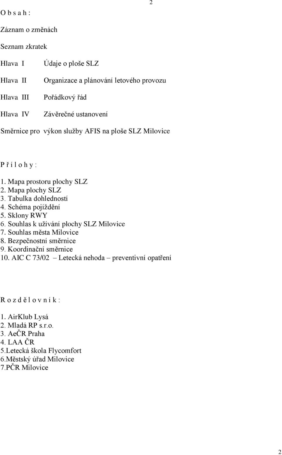 Schéma pojíždění 5. Sklony RWY 6. Souhlas k užívání plochy SLZ Milovice 7. Souhlas města Milovice 8. Bezpečnostní směrnice 9. Koordinační směrnice 10.