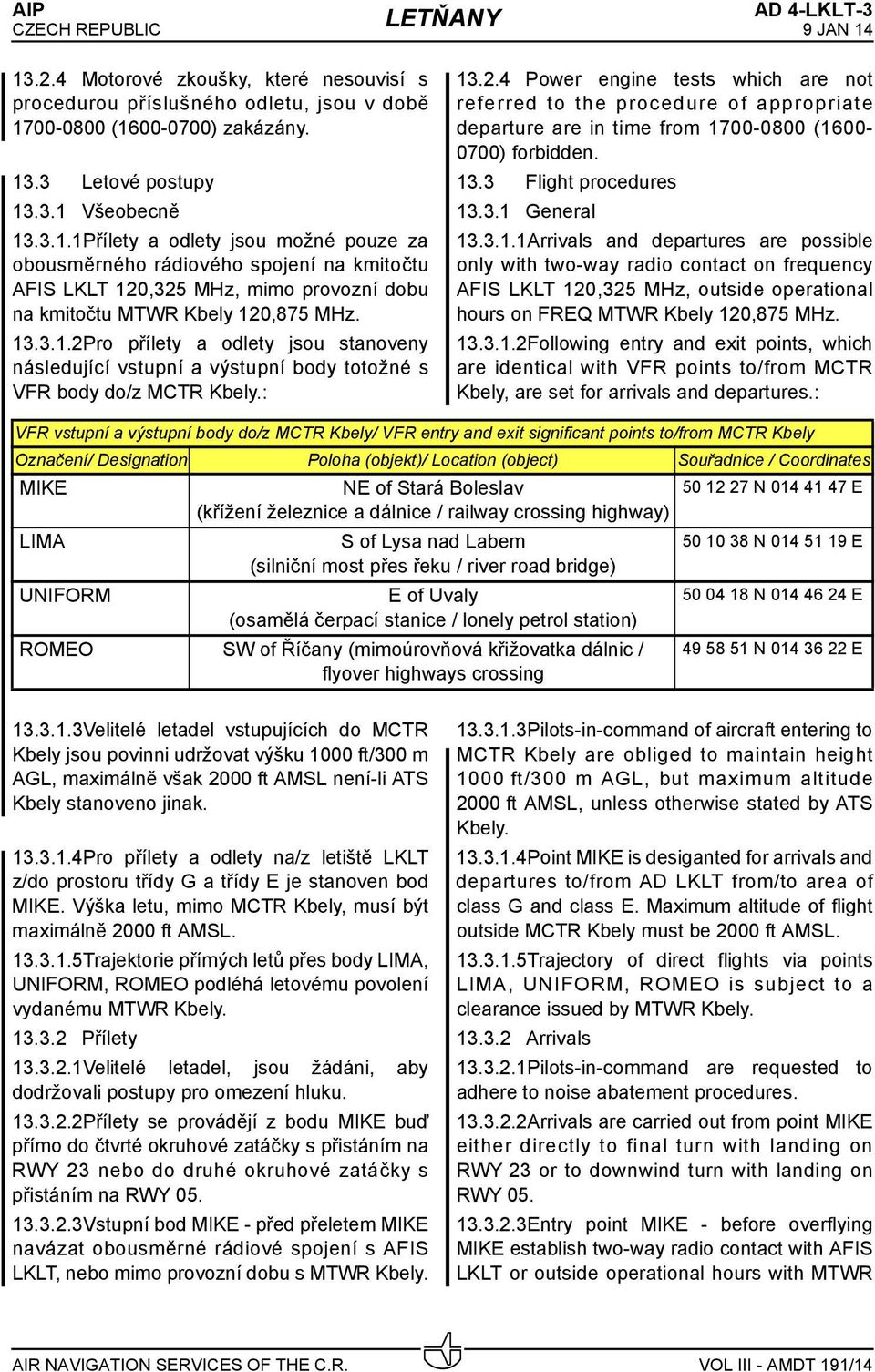 13.3 Flight procedures 13.3.1 General 13.3.1.1Arrivals and departures are possible only with two-way radio contact on frequency AFIS LKLT 120,325 MHz, outside operational hours on FREQ MTWR Kbely 120,875 MHz.