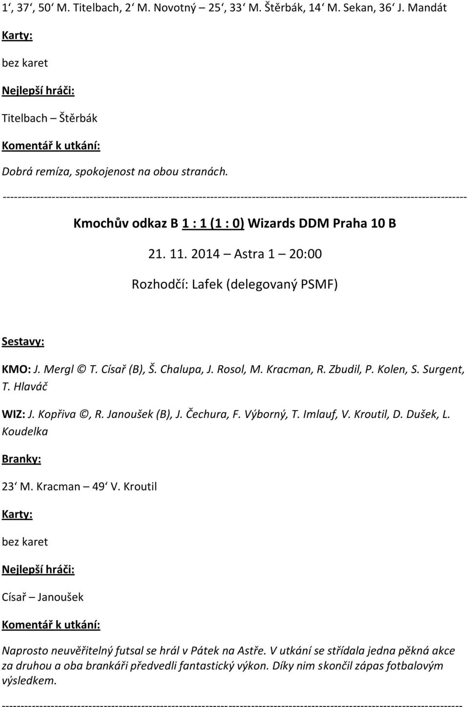 2014 Astra 1 20:00 Rozhodčí: Lafek (delegovaný PSMF) KMO: J. Mergl T. Císař (B), Š. Chalupa, J. Rosol, M. Kracman, R. Zbudil, P. Kolen, S. Surgent, T. Hlaváč WIZ: J. Kopřiva, R. Janoušek (B), J.