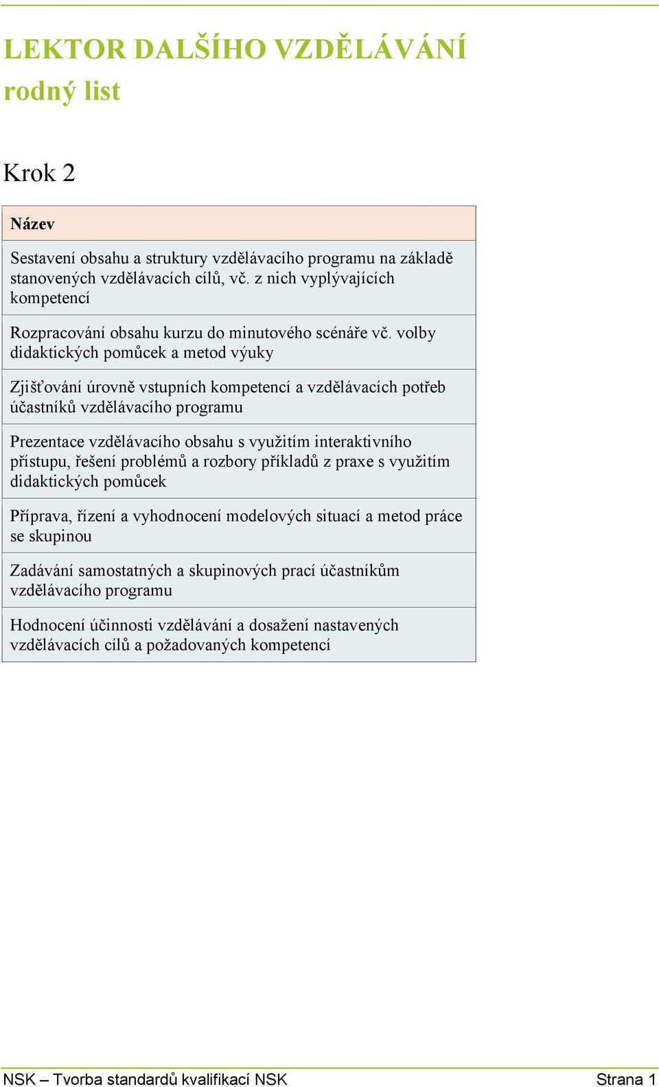 volby didaktických pomůcek a metod výuky Zjišťování úrovně vstupních kompetencí a vzdělávacích potřeb účastníků vzdělávacího programu Prezentace vzdělávacího obsahu s využitím interaktivního