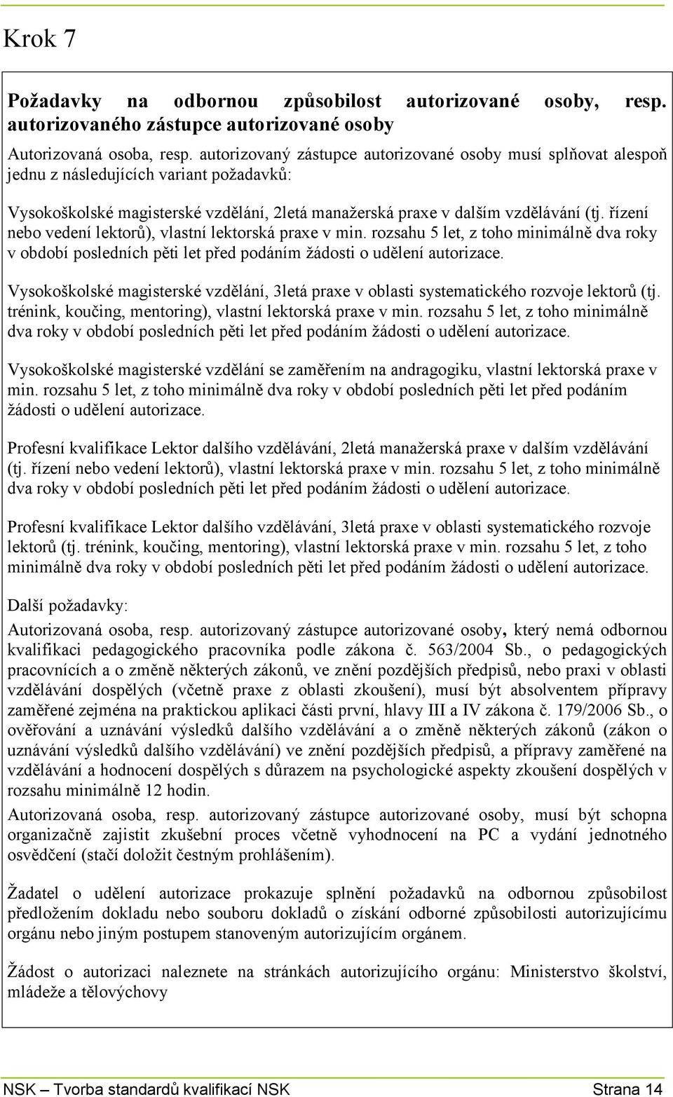 řízení nebo vedení lektorů), vlastní lektorská praxe v min. rozsahu 5 let, z toho minimálně dva roky v období posledních pěti let před podáním žádosti o udělení autorizace.