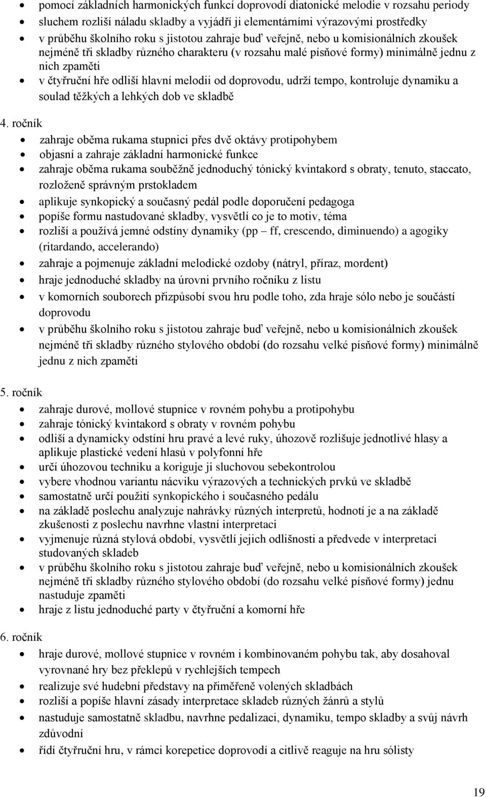 doprovodu, udrží tempo, kontroluje dynamiku a soulad těžkých a lehkých dob ve skladbě zahraje oběma rukama stupnici přes dvě oktávy protipohybem objasní a zahraje základní harmonické funkce zahraje