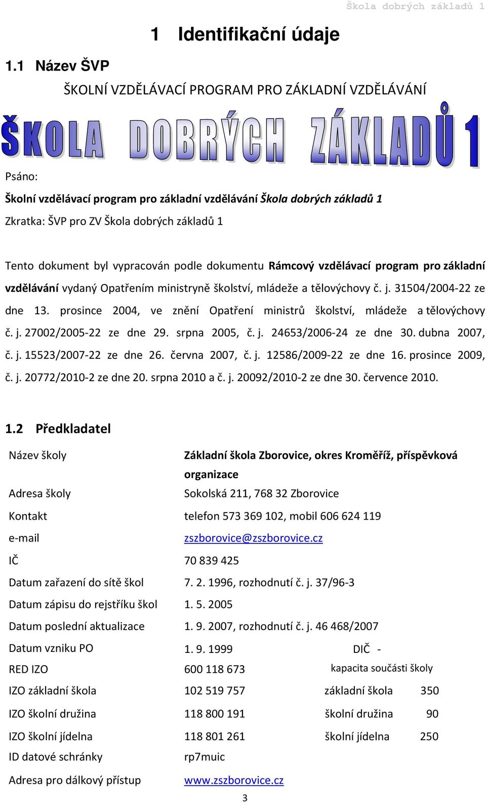 31504/2004-22 ze dne 13. prosince 2004, ve znění Opatření ministrů školství, mládeže a tělovýchovy č. j. 27002/2005-22 ze dne 29. srpna 2005, č. j. 24653/2006-24 ze dne 30. dubna 2007, č. j. 15523/2007-22 ze dne 26.