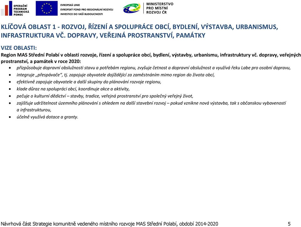 dopravy, veřejných prostranství, a památek v roce 2020: přizpůsobuje dopravní obslužnosti stavu a potřebám regionu, zvyšuje četnost a dopravní obslužnost a využívá řeku Labe pro osobní dopravu,