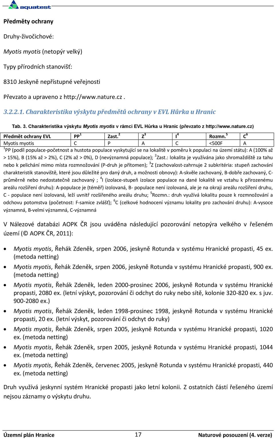 5 C 6 Myotis myotis C P A C <500F A 1 PP (podíl populace-početnost a hustota populace vyskytující se na lokalitě v poměru k populaci na území státu): A (100% až > 15%), B (15% až > 2%), C (2% až >