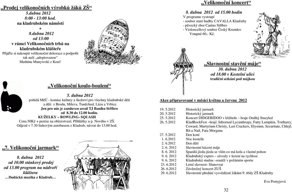 dubna 2012 pořádá MěÚ - komise kultury a školství pro všechny kladrubské děti a děti z Brodu, Mileva, Tuněchod, Lázu a Vrbice Jen pro nás je zamluven areál TJ Baníku Stříbro od 8.30 do 12.00 hodin.