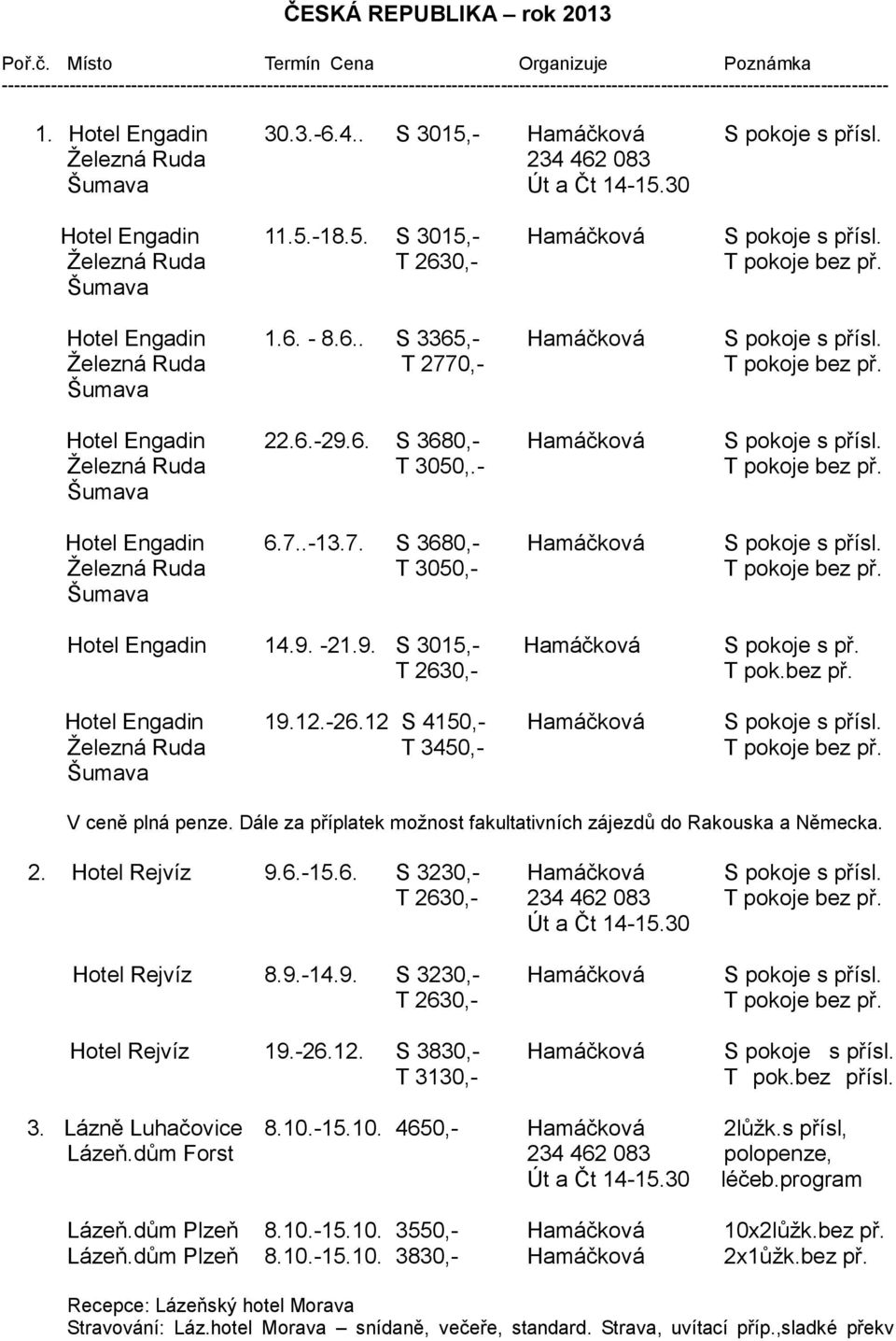 Hotel Engadin 30.3.-6.4.. S 3015,- Hamáčková S pokoje s přísl. Železná Ruda 234 462 083 Út a Čt 14-15.30 Hotel Engadin 11.5.-18.5. S 3015,- Hamáčková S pokoje s přísl. Železná Ruda T 2630,- T pokoje bez př.