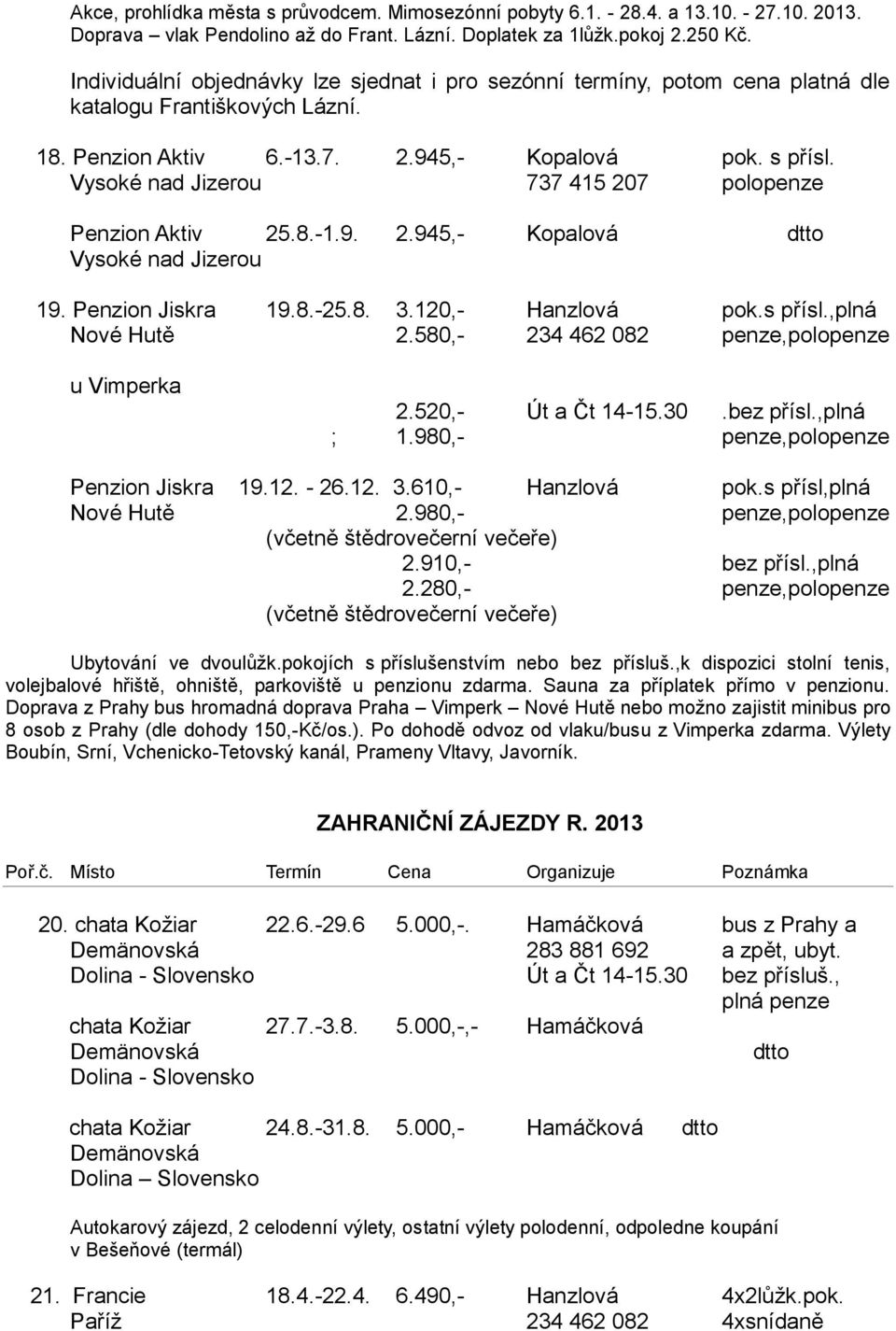 Vysoké nad Jizerou 737 415 207 polopenze Penzion Aktiv 25.8.-1.9. 2.945,- Kopalová dtto Vysoké nad Jizerou 19. Penzion Jiskra 19.8.-25.8. 3.120,- Hanzlová pok.s přísl.,plná Nové Hutě 2.