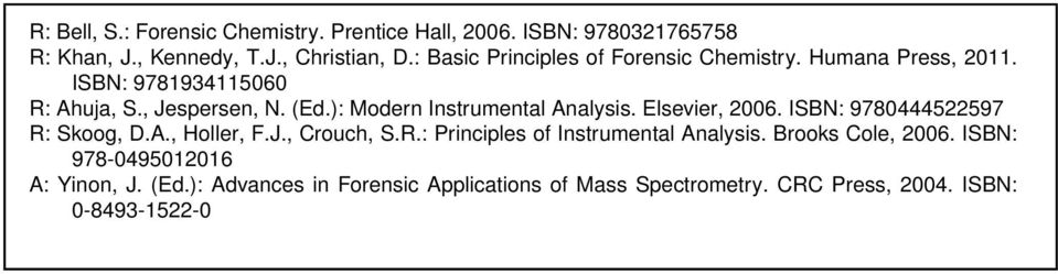 ): Modern Instrumental Analysis. Elsevier, 2006. ISBN: 9780444522597 R: Skoog, D.A., Holler, F.J., Crouch, S.R.: Principles of Instrumental Analysis.