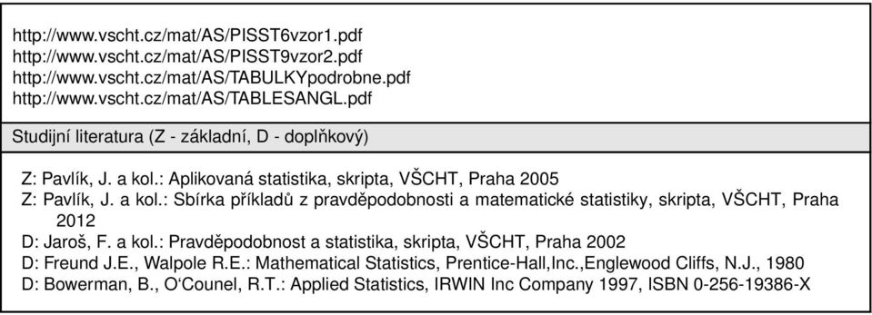 : Aplikovaná statistika, skripta, VŠCHT, Praha 2005 Z: Pavlík, J. a kol.