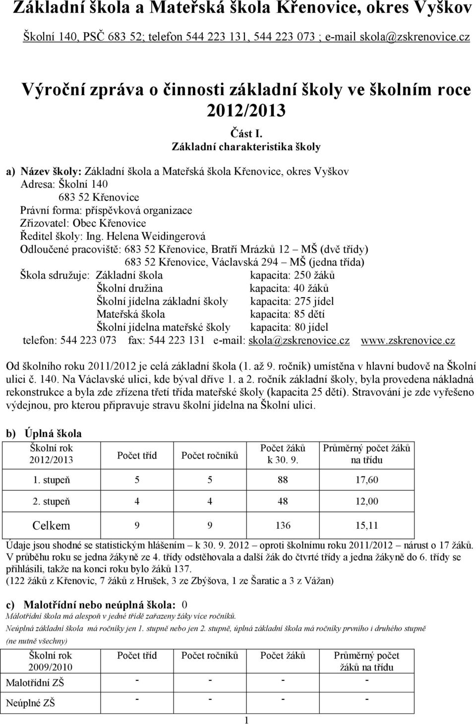 Základní charakteristika školy a) Název školy: Základní škola a Mateřská škola Křenovice, okres Vyškov Adresa: Školní 140 683 52 Křenovice Právní forma: příspěvková organizace Zřizovatel: Obec