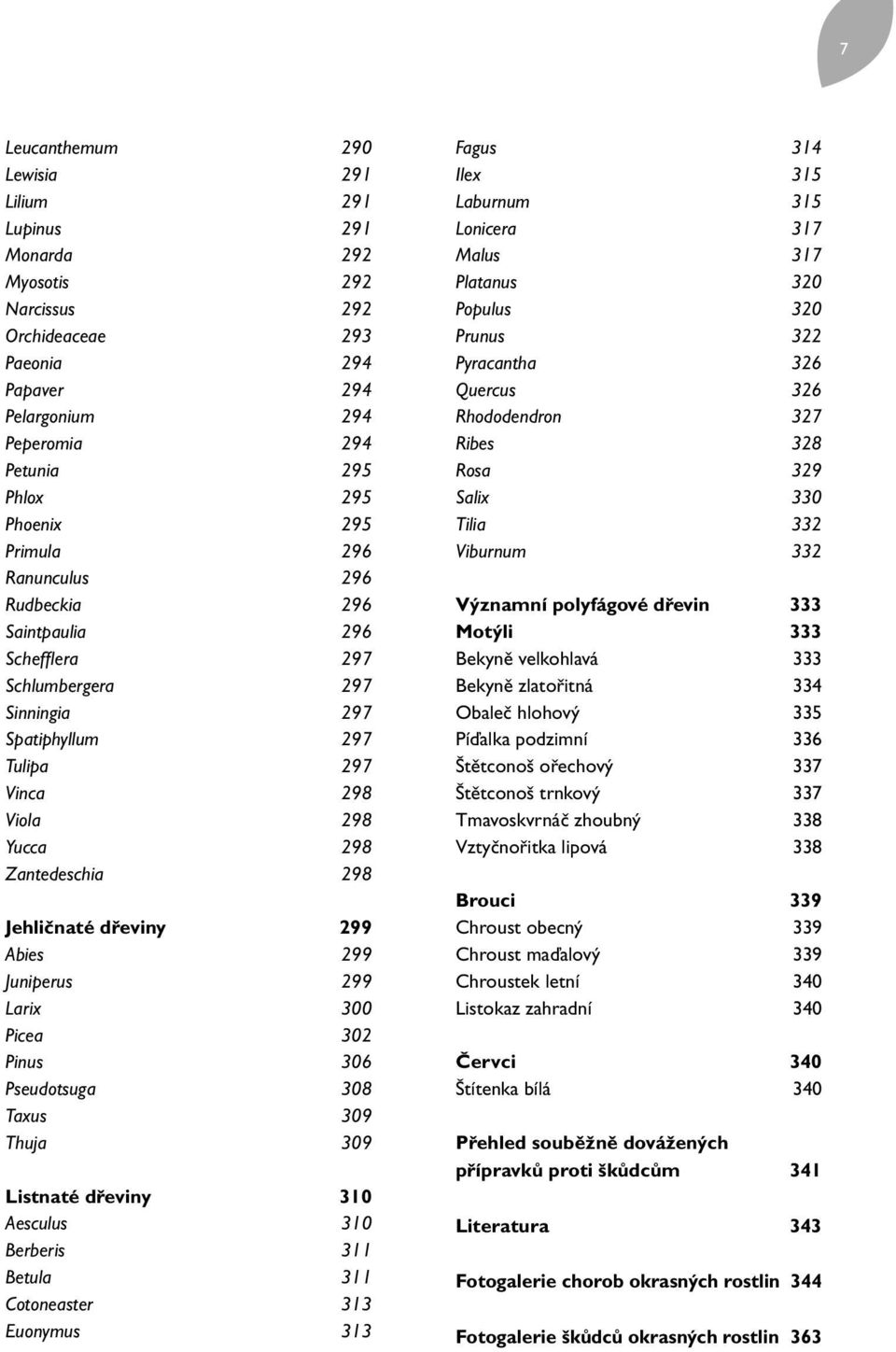 299 Abies 299 Juniperus 299 Larix 300 Picea 302 Pinus 306 Pseudotsuga 308 Taxus 309 Thuja 309 Listnaté dřeviny 310 Aesculus 310 Berberis 311 Betula 311 Cotoneaster 313 Euonymus 313 Fagus 314 Ilex 315