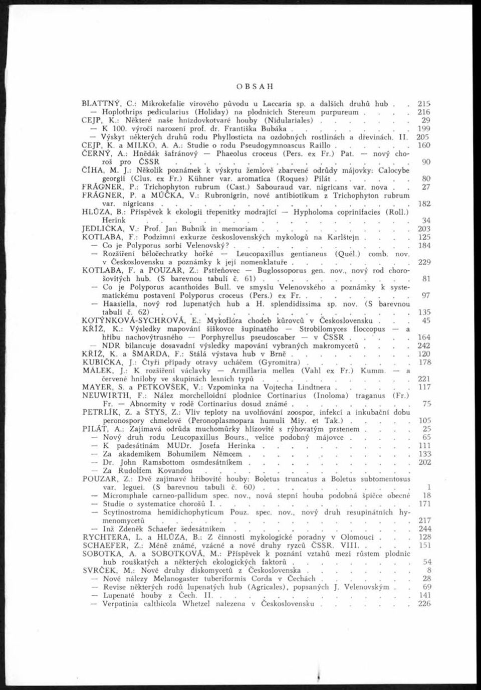 205 C EJP, K. a M ILKO, A. A.: Studie o rodu Pseudogymnoascus R a illo...160 Č ERN Ý, A.: Hnědák šafránový Phaeolus croceus (Pers. ex F r.) Pat. nový choroš pro Č S S R... 90 ČlHA, M. J.