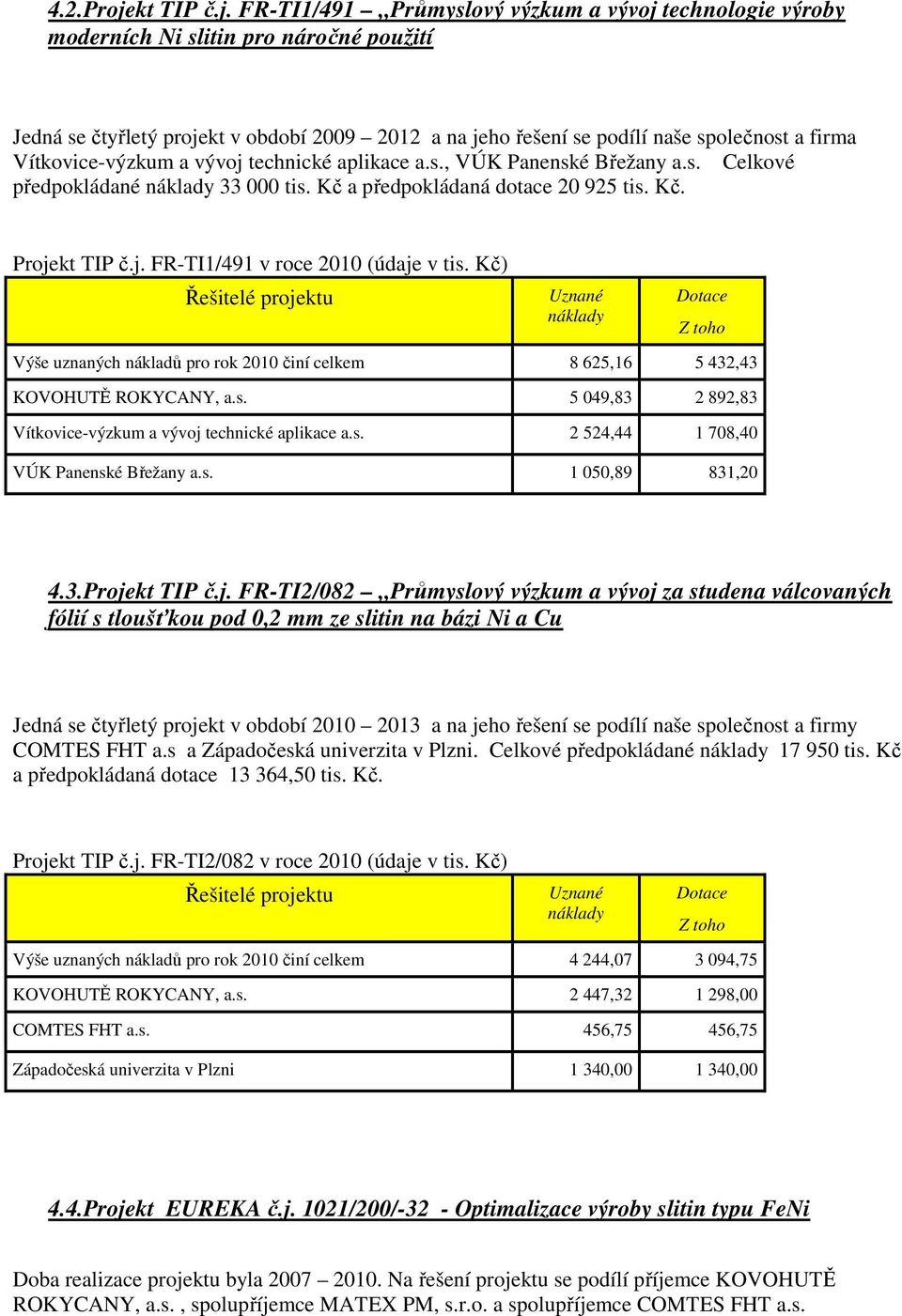 FR-TI1/491 Průmyslový výzkum a vývoj technologie výroby moderních Ni slitin pro náročné použití Jedná se čtyřletý projekt v období 2009 2012 a na jeho řešení se podílí naše společnost a firma