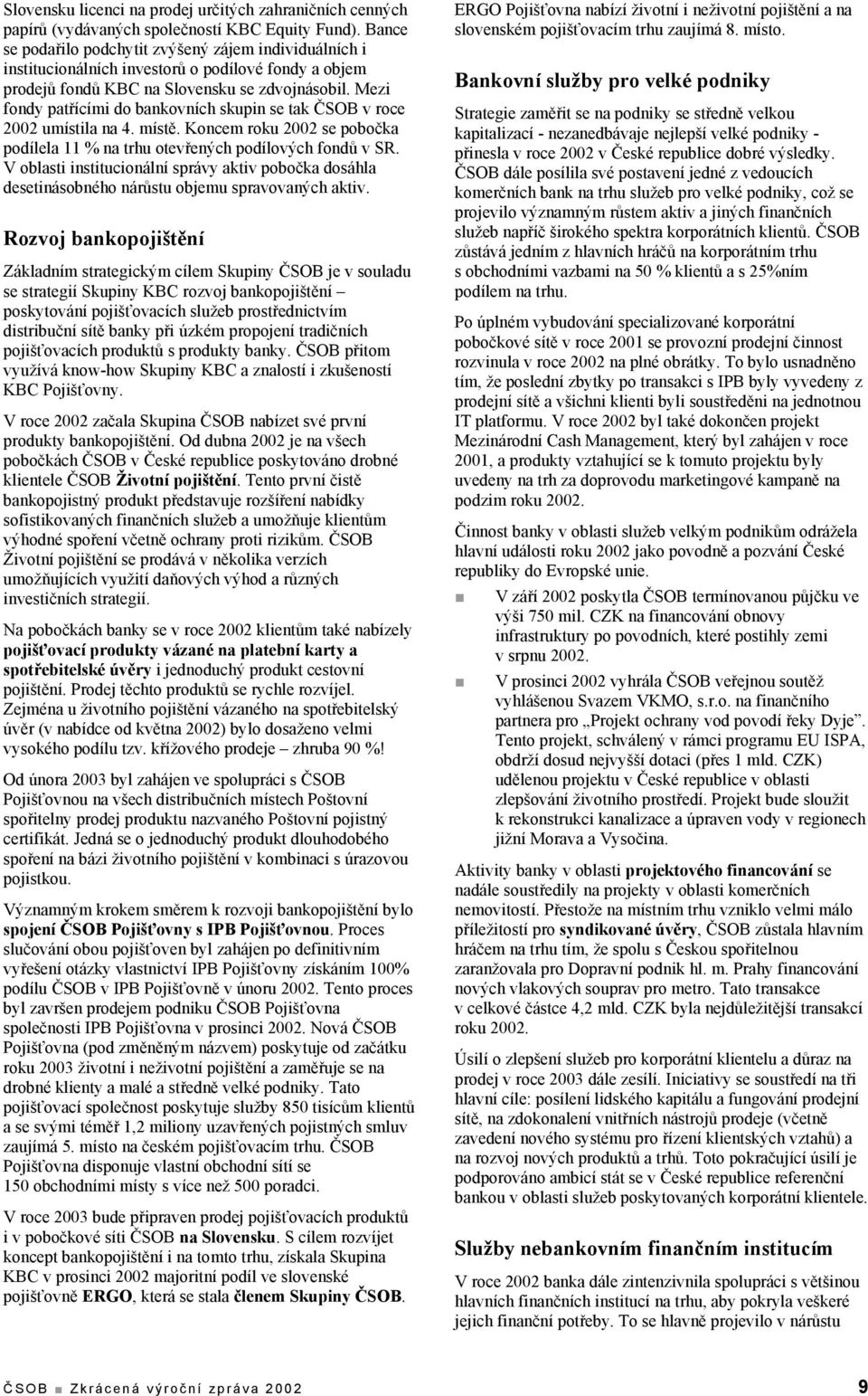 Mezi fondy patřícími do bankovních skupin se tak ČSOB v roce 2002 umístila na 4. místě. Koncem roku 2002 se pobočka podílela 11 % na trhu otevřených podílových fondů v SR.