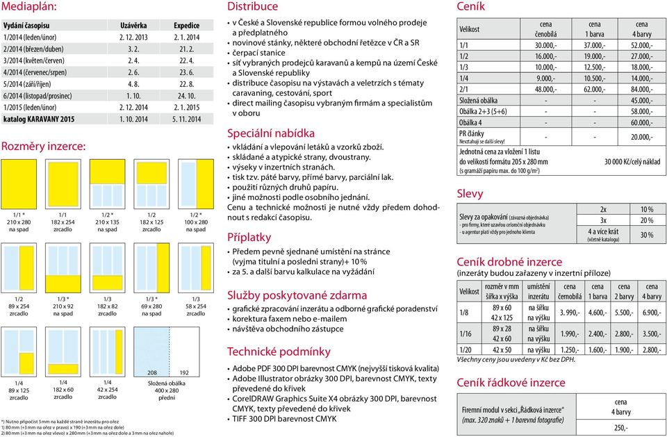 2014 Rozměry inzerce: 1/1 * 210 x 280 1/2 89 x 254 1/4 89 x 125 1/1 182 x 254 1/3 * 210 x 92 1/4 182 x 60 1/2 * 210 x 135 1/3 182 x 82 1/4 42 x 254 1/2 182 x 125 1/3 * 69 x 280 208 192 Složená obálka