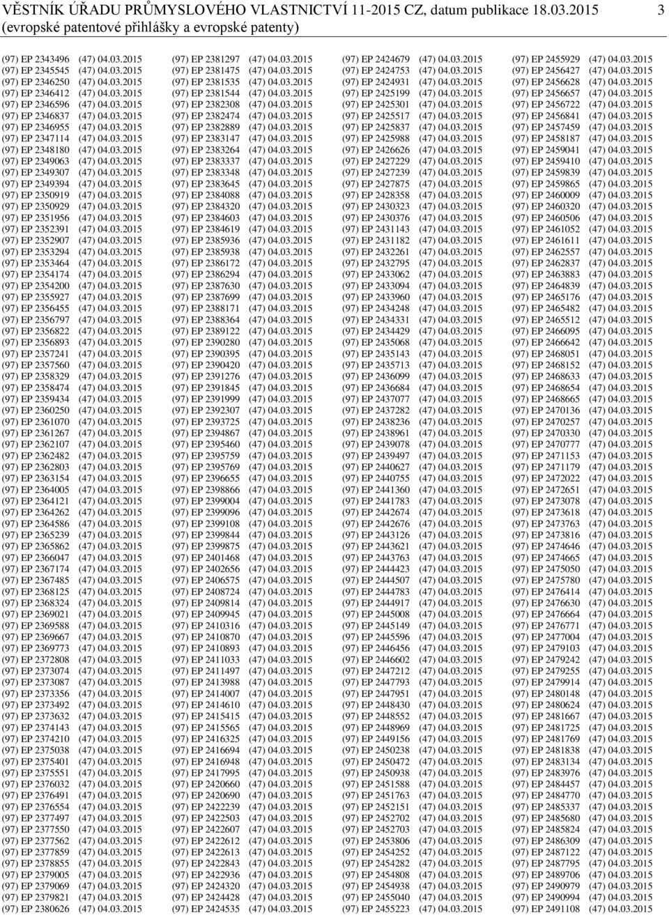 03.2015 (97) EP 2349307 (47) 04.03.2015 (97) EP 2349394 (47) 04.03.2015 (97) EP 2350919 (47) 04.03.2015 (97) EP 2350929 (47) 04.03.2015 (97) EP 2351956 (47) 04.03.2015 (97) EP 2352391 (47) 04.03.2015 (97) EP 2352907 (47) 04.