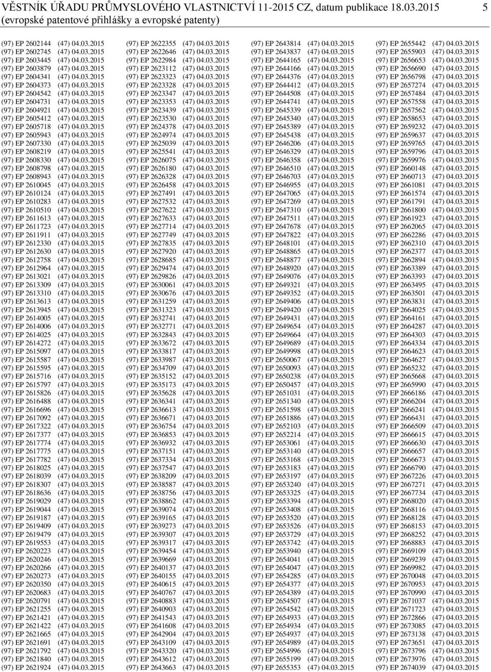 03.2015 (97) EP 2605718 (47) 04.03.2015 (97) EP 2605943 (47) 04.03.2015 (97) EP 2607330 (47) 04.03.2015 (97) EP 2608219 (47) 04.03.2015 (97) EP 2608330 (47) 04.03.2015 (97) EP 2608798 (47) 04.03.2015 (97) EP 2608943 (47) 04.