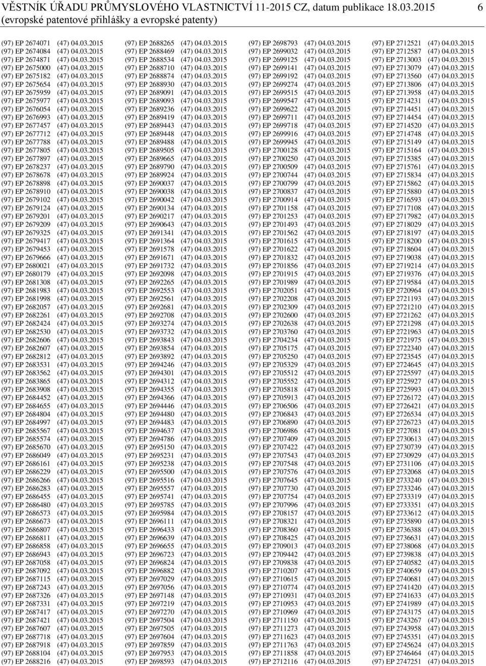 03.2015 (97) EP 2677457 (47) 04.03.2015 (97) EP 2677712 (47) 04.03.2015 (97) EP 2677788 (47) 04.03.2015 (97) EP 2677805 (47) 04.03.2015 (97) EP 2677897 (47) 04.03.2015 (97) EP 2678237 (47) 04.03.2015 (97) EP 2678678 (47) 04.