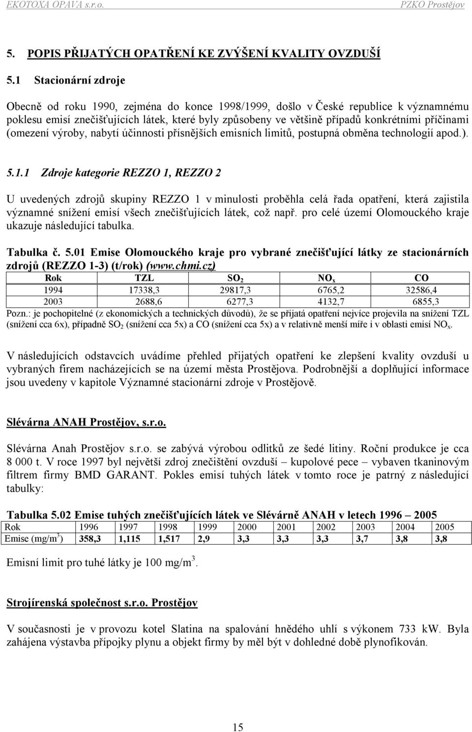 příčinami (omezení výroby, nabytí účinnosti přísnějších emisních limitů, postupná obměna technologií apod.). 5.1.