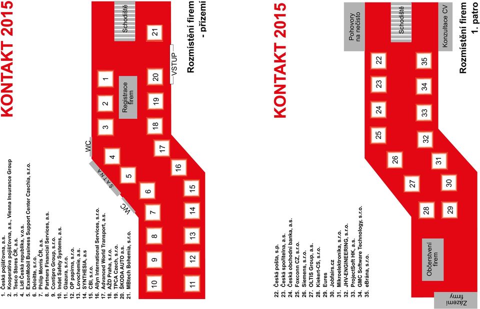SYNTHESIA, a.s 15. CBI, s.r.o. 16. Allyn International Services, s.r.o. 17. Advanced World Transport, a.s. 18. AŽD Praha, s.r.o. 19. TPCA Czech, s.r.o. 20. ŠKODA AUTO a.s. 21. MBtech Bohemia, s.r.o. 5 4 9 8 7 11 12 13 14 15 WC 17 3 KONTAKT 2015 2 1 Registrace firem Schodiště 19 20 21 VSTUP Rozmístění firem - přízemí Š A T N A WC 10 6 16 22.