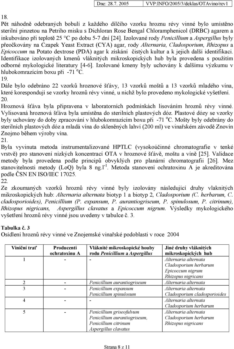 Izolované rody Penicillium a Aspergillus byly přeočkovány na Czapek Yeast Extract (CYA) agar, rody Alternaria, Cladosporium, Rhizopus a Epicoccum na Potato dextrose (PDA) agar k získání čistých