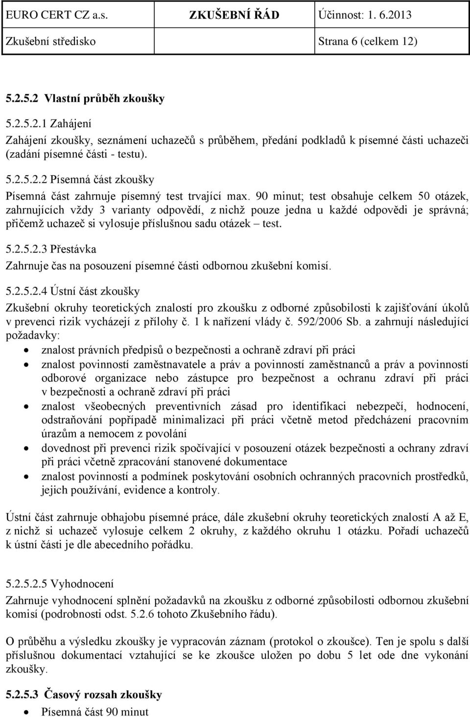 5.2.3 Přestávka Zahrnuje čas na posouzení písemné části odbornou zkušební komisí. 5.2.5.2.4 Ústní část Zkušební okruhy teoretických znalostí pro zkoušku z odborné způsobilosti k zajišťování úkolů v prevenci rizik vycházejí z přílohy č.