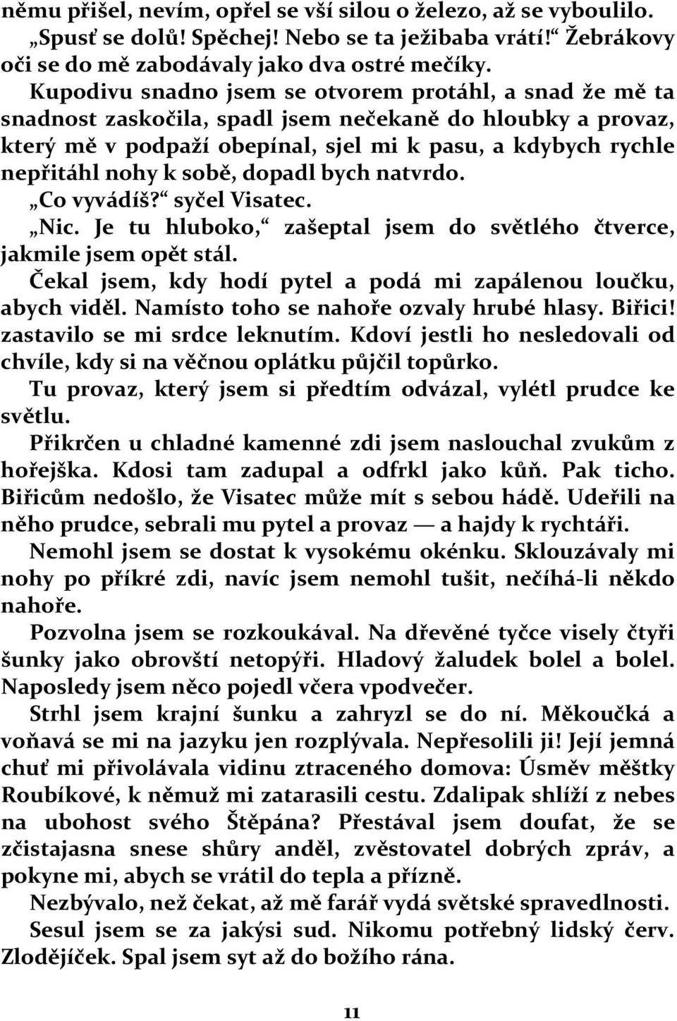 sobě, dopadl bych natvrdo. Co vyvádíš? syčel Visatec. Nic. Je tu hluboko, zašeptal jsem do světlého čtverce, jakmile jsem opět stál. Čekal jsem, kdy hodí pytel a podá mi zapálenou loučku, abych viděl.